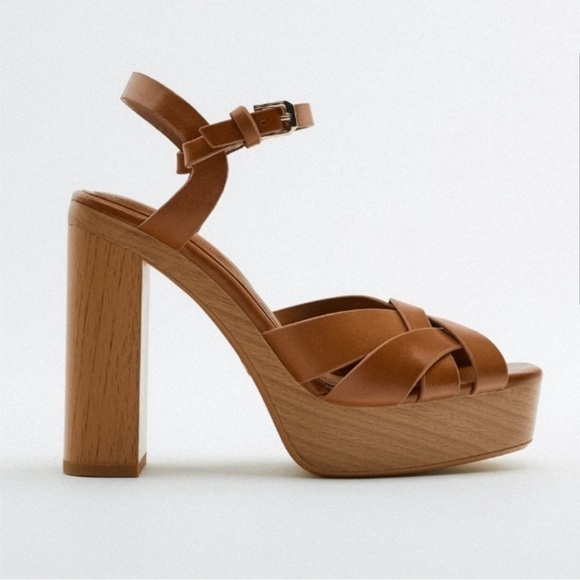 NEW Zara Leather Platform retro chunky Strappy Wooden Heeled Sandals Size 41 - Picture 1 of 10